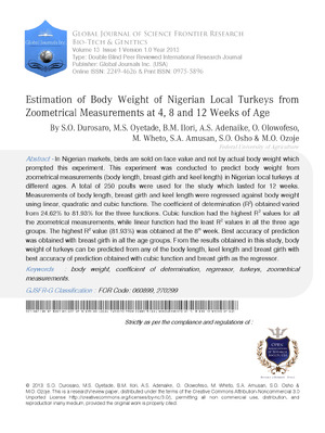 Estimation of Body Weight of Nigerian Local Turkeys from Zoometrical Measurements at 4, 8 and 12 Weeks of Age
