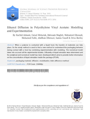 Ethanol Diffusion in Polyethylene Vinyl Acetate: Modelling and Experimentation