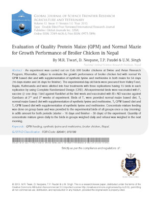Evaluation of Quality Protein Maize (QPM) and Normal Mazie for Growth Performance of Broiler Chicken in Nepal
