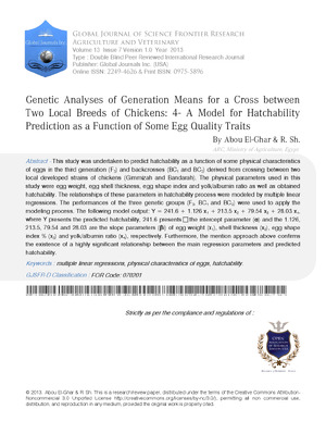 Genetic Analyses of Generation Means for a  Cross Between Two Local Breeds of Chickens: 4- A Model for Hatchability Prediction as a Function of Some Egg Quality Trait