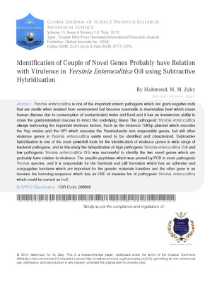 Identification of Couple of Novel Genes Probably have Relation with Virulence in Yersinia Enterocolitica O:8 using Subtractive Hybridisation