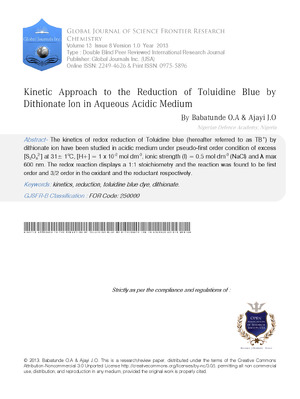 Kinetic Approach to the Reductionof Toluidine Blue by Dithionate Ion in Aqueous Acidic Medium