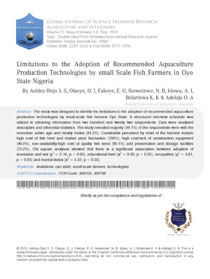 Limitations to the Adoption of Recommended Aquaculture Production Technologies by Small Scale Fish Farmers in Oyo State Nigeria