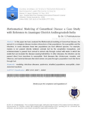 Mathematical Modeling of Gonorrheal Disease A Case Study with Reference to Anantapur District- Andhrapradesh- India