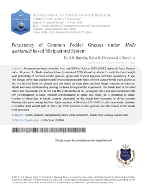 Persistency of Common Fodder Grasses under Melia Azedarach Based Silvipastoral System