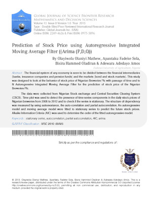 Prediction of Stock Price using Autoregressive Integrated Moving Average Filter ((ARIMA (p,d,q))