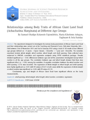 Relationships among Body Traits of African Giant Land Snail (Achachatina Marginata) at Different Age Groups