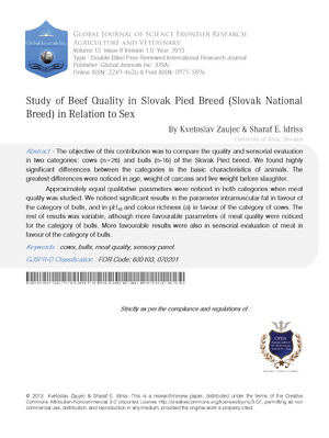 Study of Beef Quality in Slovak Pied Breed (Slovak National Breed) in Relation to Sex