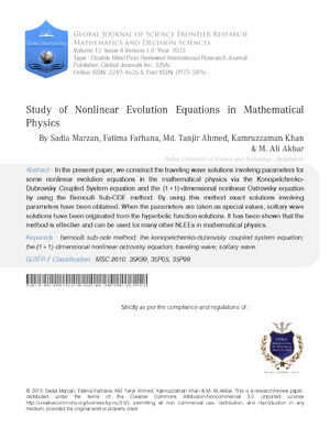 Study of Nonlinear Evolution Equations in Mathematical Physics