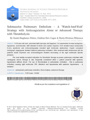 Submassive Pulmonary Embolism a A Watch-and-Wait Strategy with Anticoagulation Alone or Advanced Therapy with Thrombolysis