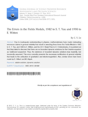 The Errors in the Fields Medals, 1982 to S. T. Yau and 1990 to E. Witten