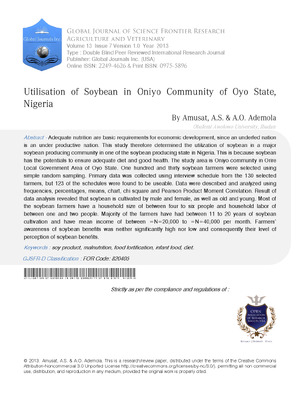 Utilisation of Soybean in Oniyo Community of Oyo State, Nigeria