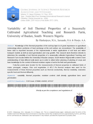Variability of Soil Thermal Properties of a Seasonally Cultivated Agricultural Teaching and Research Farm, University of Ibadan, South-western Nigeria