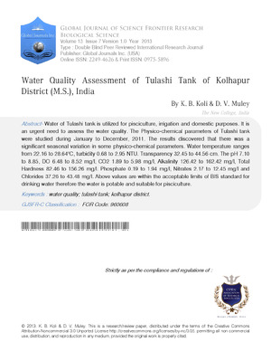 Water Quality Assessment of Tulashi Tank of Kolhapur District (M.S.), India