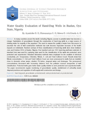 Water Quality Evaluation of Hand-Dug Wells in Ibadan, Oyo State, Nigeria